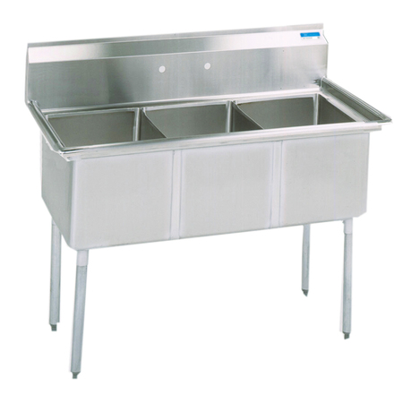 BK RESOURCES 23.8125 in W x 59 in L x Free Standing, Stainless Steel, Three Compartment Sink BKS-3-18-12